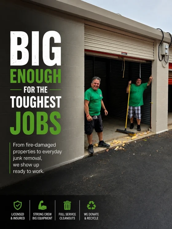 Racoons Junk Removal graphic headed Big enough for the toughest jobs, showing two crew members at a swept-out storage unit